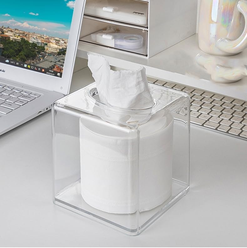 Yopay 2 Pack Square Tissue Dispenser Box, Clear Facial Acrylic Tissue Box Holder, Cover Napkin Organizer for Dryer Sheets, Bathroom, Desks, Countertop, Vanity, Bedroom Dressers, Kitchen Office Room