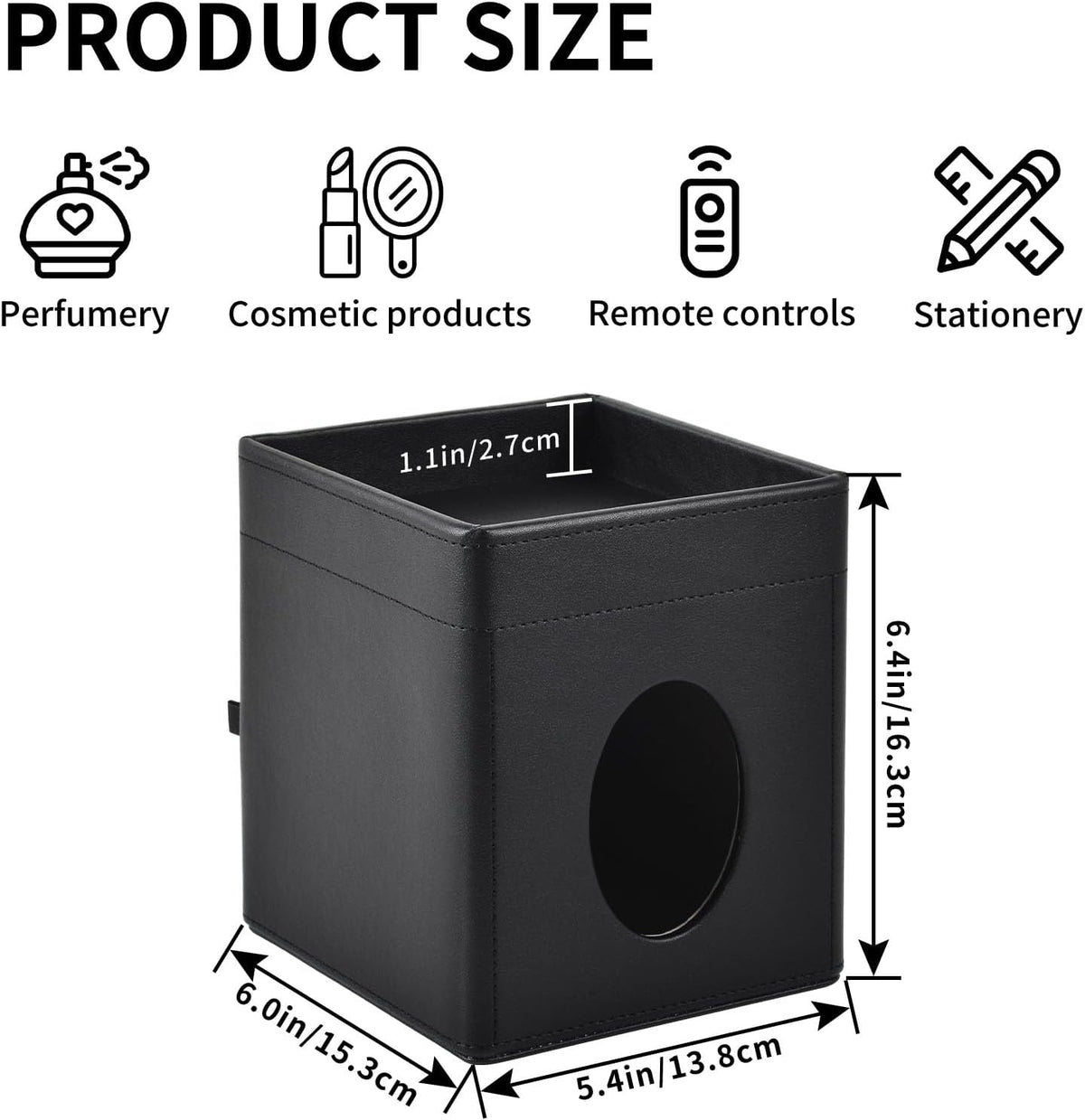 Tissue Box Cover Square Tissue Box Holder PU Leather Facial Tissues Organizer with Storage Tray for Bathroom Vanity Bedroom Office Car, Stylish Napkin Caddy Decorative Organizer (Black)