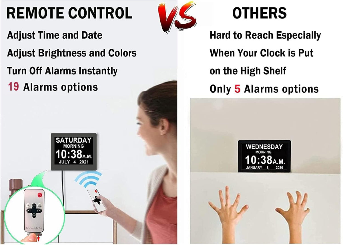 Véfaîî 19 Alarms Dementia Clock 8 Inch Large Display, Auto DST, 10 Levels Auto Dimmable, Non-Abbreviated Date and Day Calendar Clock for Seniors, with Power Adaptor, Picture Frame Feature