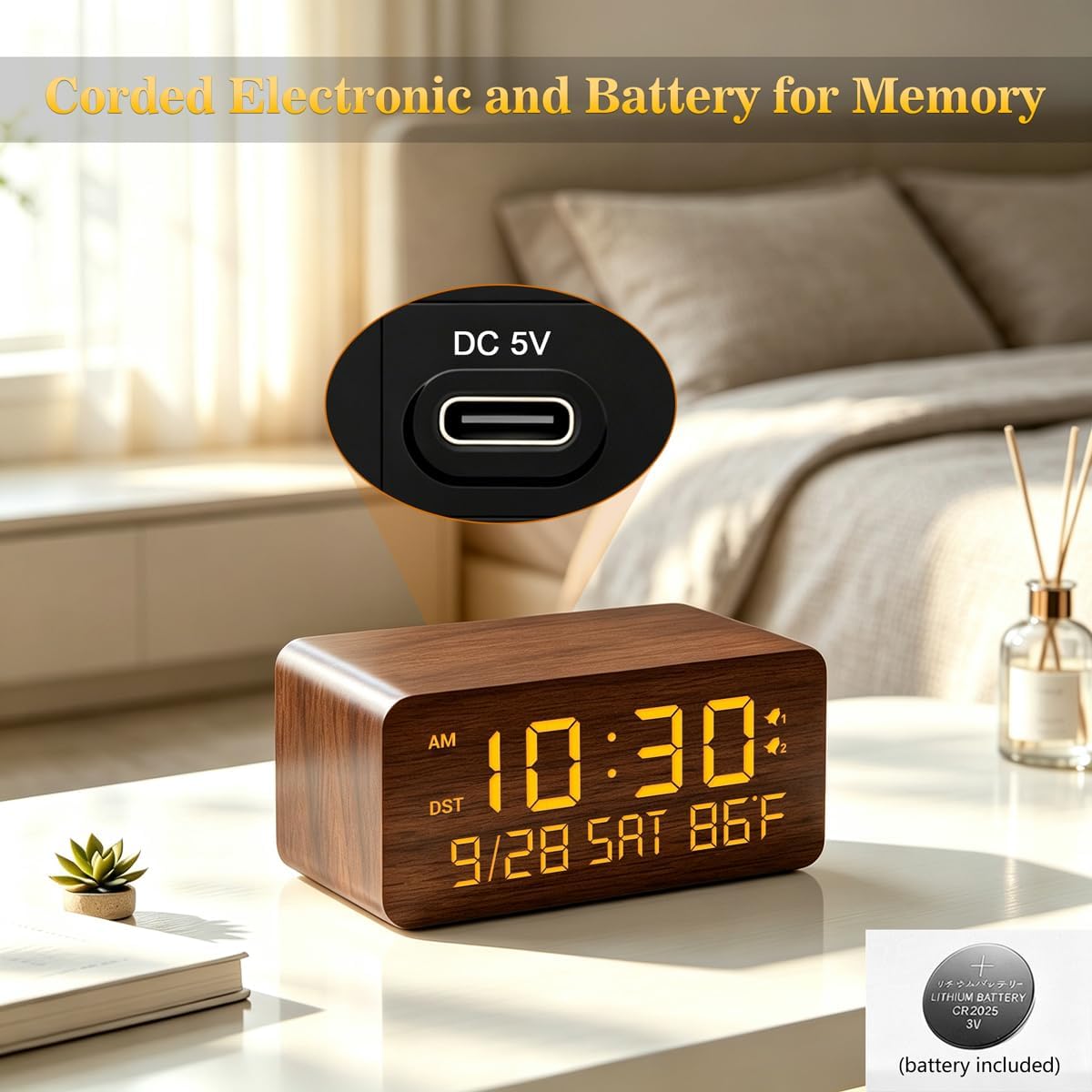 Premium Brown Wooden Digital Alarm Clock with Wireless Phone Charger, Dual USB Charging Ports, Dimmable LED Display, Date and Day of Week, Small Digital Desk Clock for Bedroom Nightstand Bedside Table