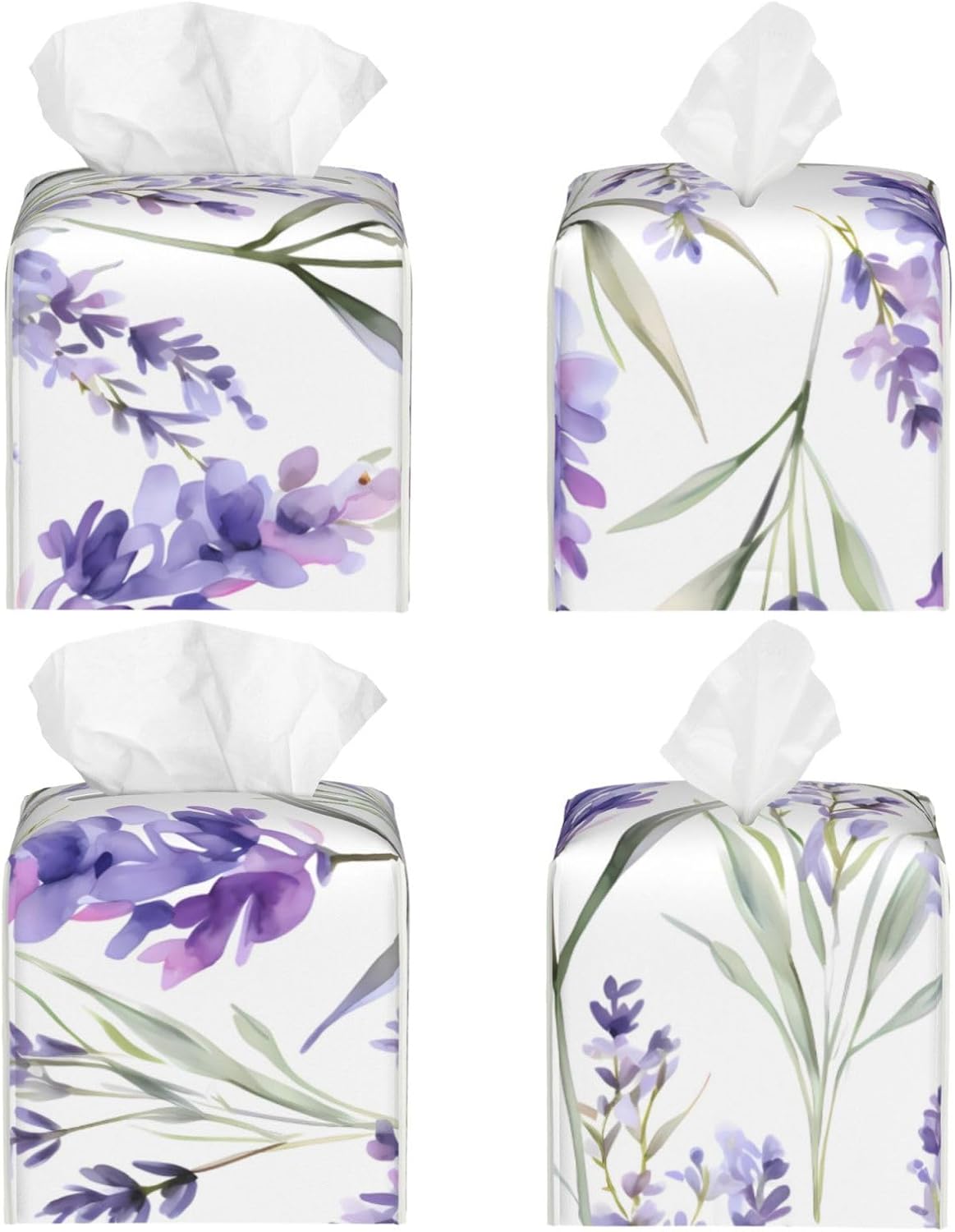 Lavender Flower Tissue Box Cover, Purple Floral Square Tissue Box Holder PU Leather Tissue Organizer Hand Towel Box Cover Kitchen Desktop Home Office Decorative