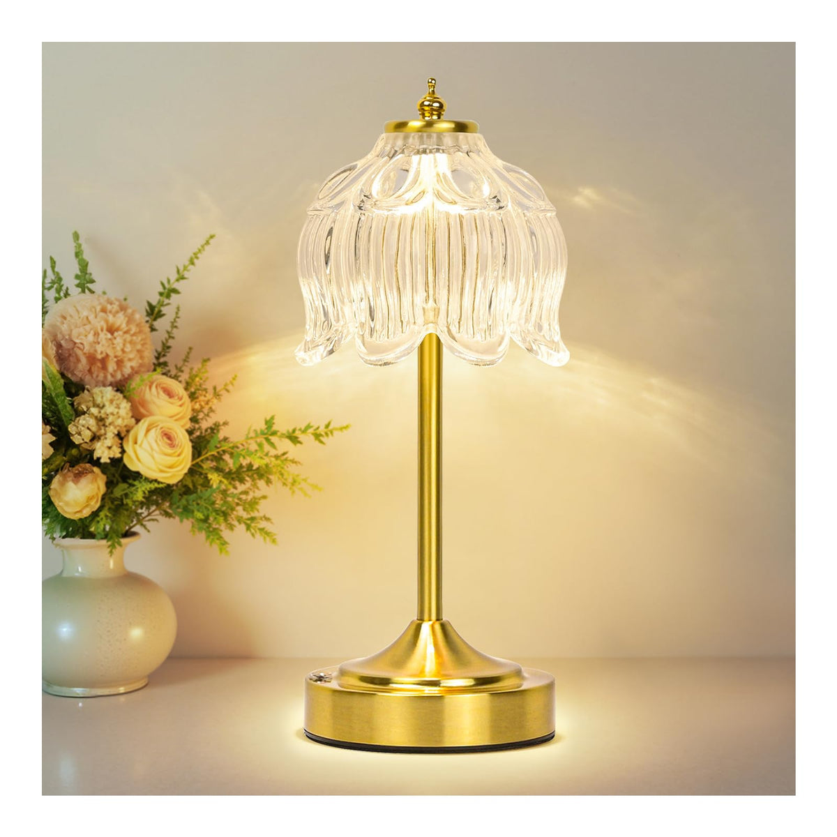 Cordless Table Lamp, Rechargeable Amber Glass Lotus Flower Lamp