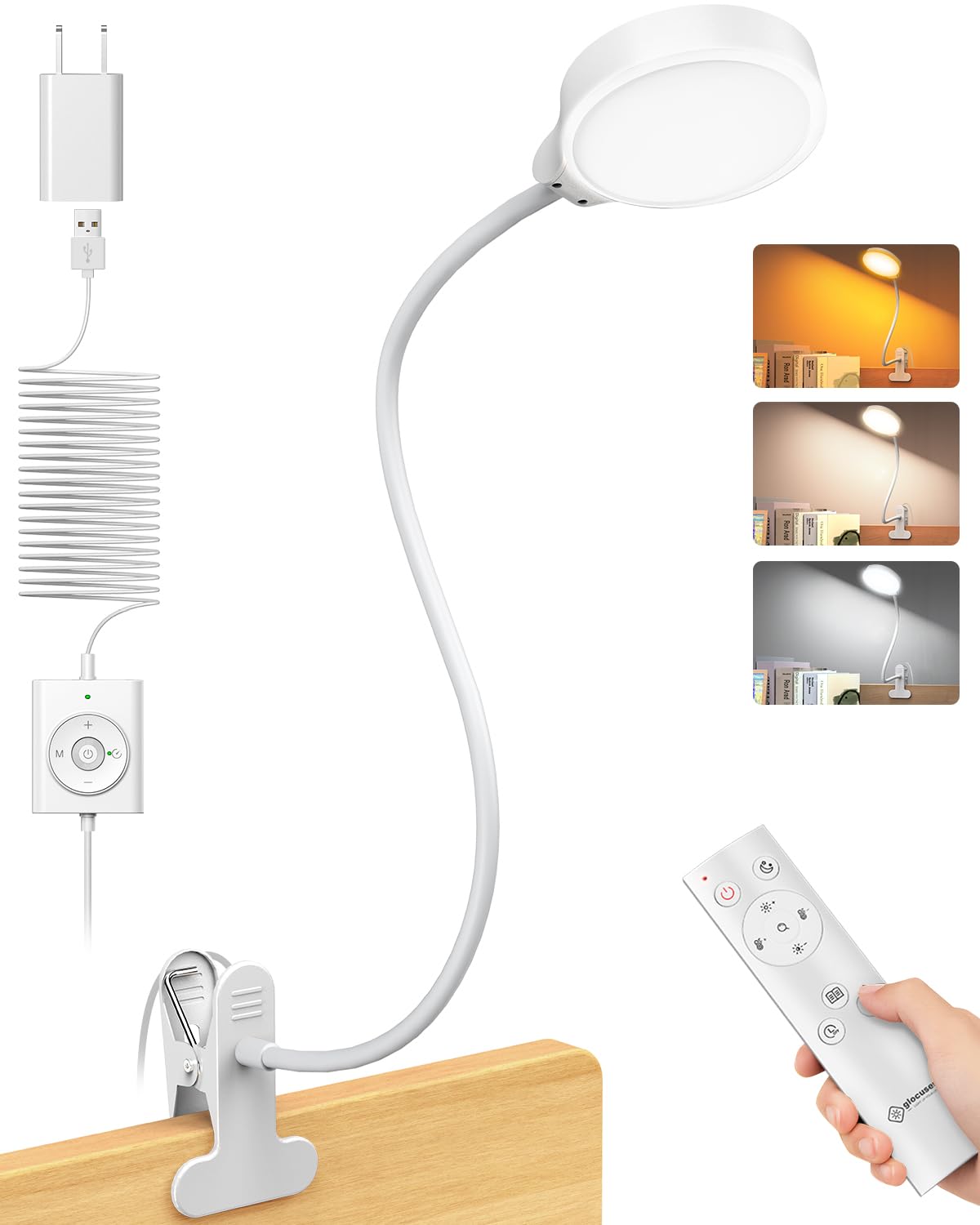 Glocusent 5W Clip on Light, 3 Colors & 5 Brightness Reading Light for Bed