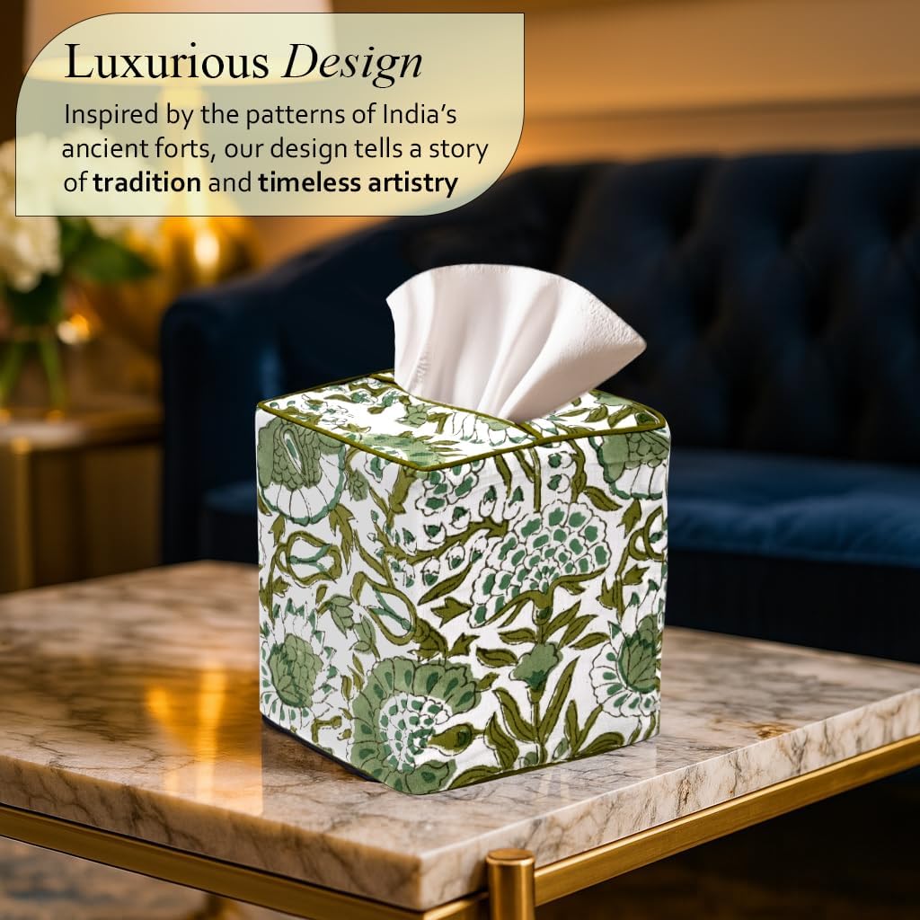 CPC Agate Green Block Print Square Tissue Box Cover 100% Cotton