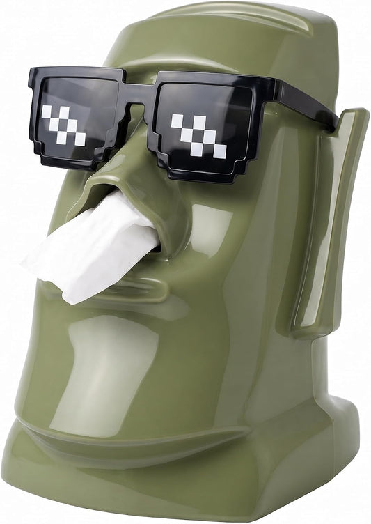 Moai Tissue Box Holder with Headphones & Glasses Holder, Suitable for Living Room, Bedroom and Other Desktop Storage Boxes, Green,Off-White,Black(Green)