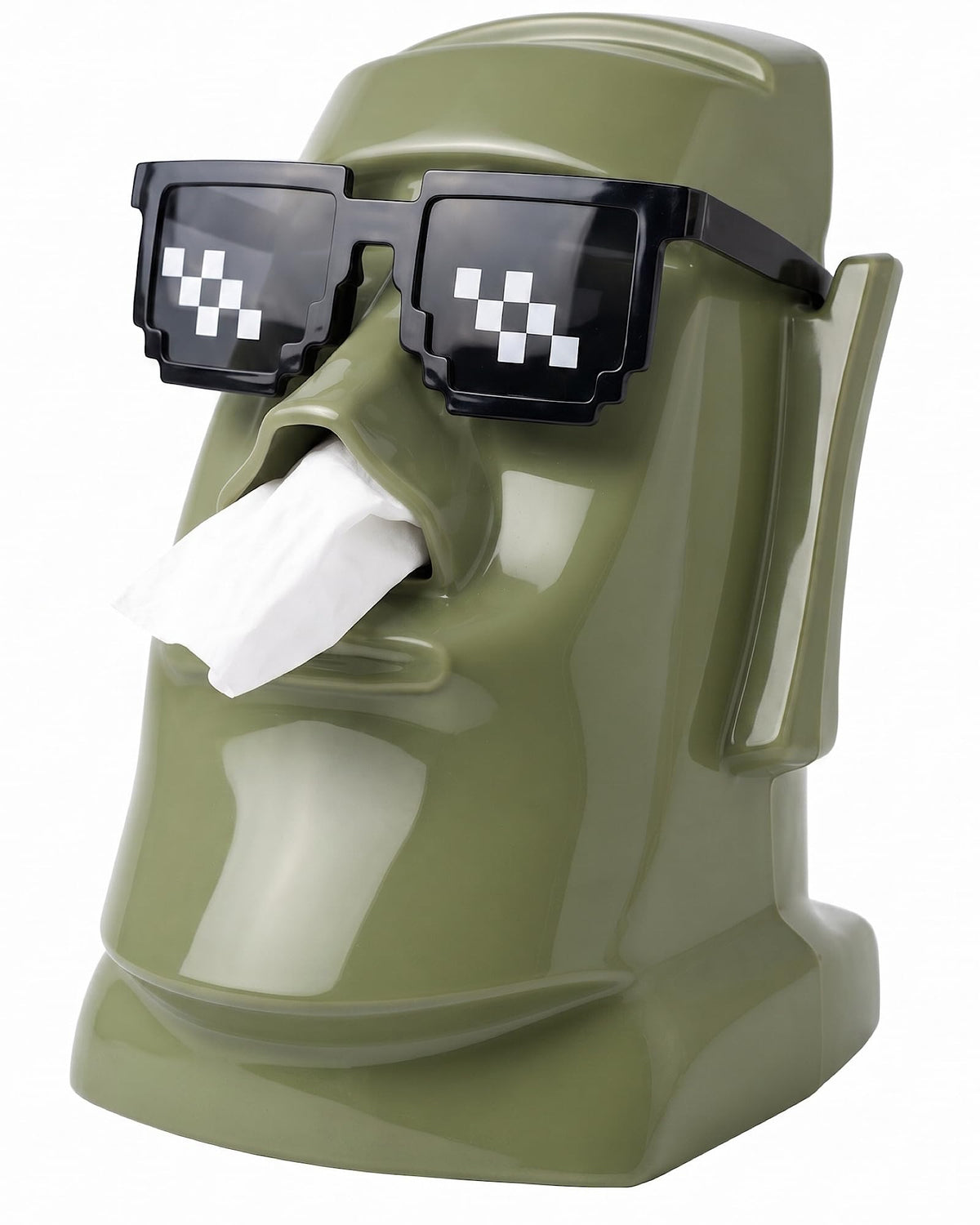 Moai Tissue Box Holder with Headphones & Glasses Holder, Suitable for Living Room, Bedroom and Other Desktop Storage Boxes, Green,Off-White,Black(Green)