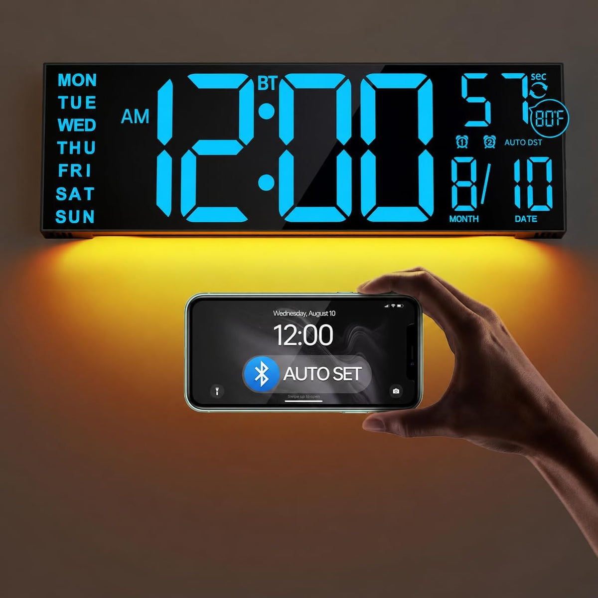 JALL 16.2" Large Digital Wall Clock with Bluetooth Sync for Classroom, RGB Digital Clock Large Display with Auto DST, Wall Clock for Bedroom Gym Office, Led Clock for Seniors (Black)