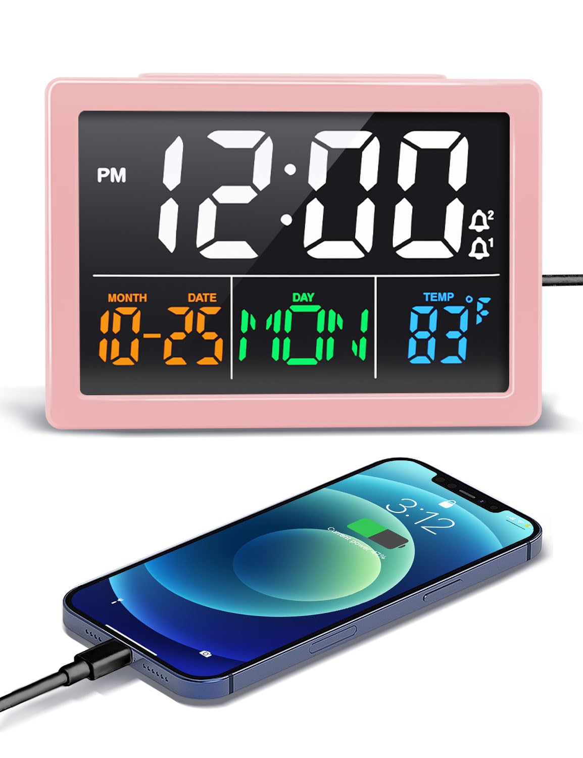 JALL Digital Clock with Date Day for Seniors, Electric Alarm Clocks for Bedrooms with Temperature, 2 Alarms, Dimmer, Dual USB Charger, Battery Backup, Volume Control, Snooze, Bedside Desk Clock, Black