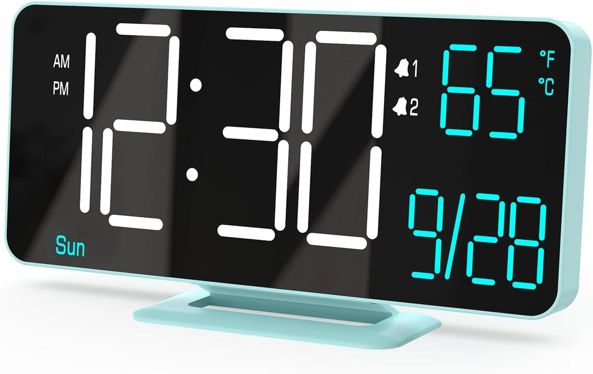 KOSUMOSU Digital Alarm Clock, 6.7in Digital Clock for Bedroom, Auto Dimming, Room Temperature, Day of The Week, Seconds, Date, Desk Clocks for Living Room, Alarm Clocks for Bedrooms