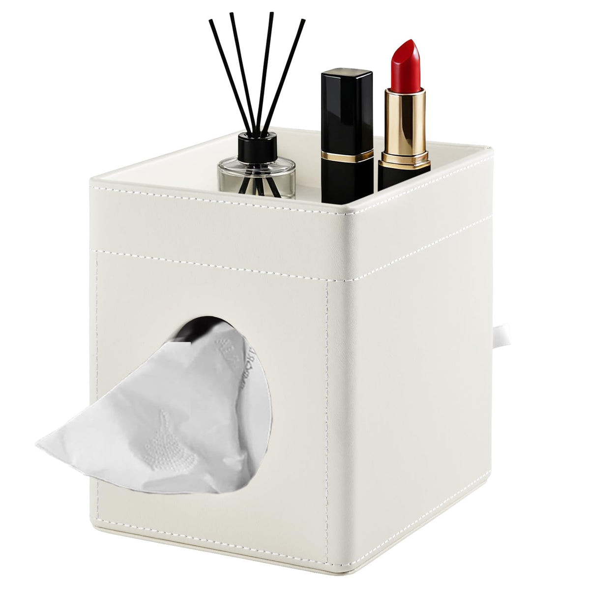 Tissue Box Cover Square Tissue Box Holder PU Leather Facial Tissues Organizer with Storage Tray for Bathroom Vanity Bedroom Office Car, Stylish Napkin Caddy Decorative Organizer (Black)