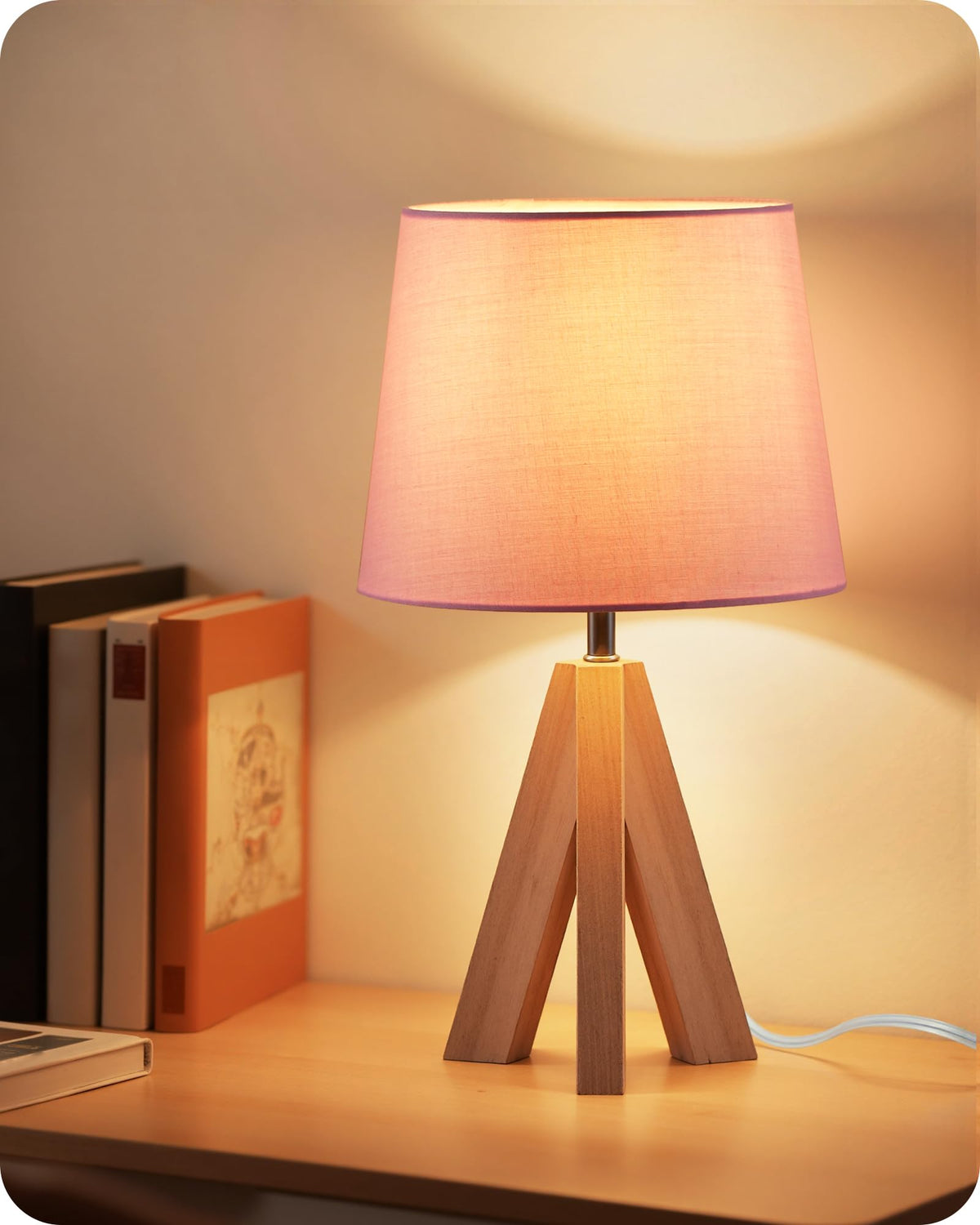 Tripod Table Lamp, 14.6 Inch Small Bedside Lamp with Beige Linen Shade, Modern Nightstand Lamp for Bedroom, Kids Room, Living Room, Nursery, Office, E26 Socket, Dark Wood Base, LE51TL05