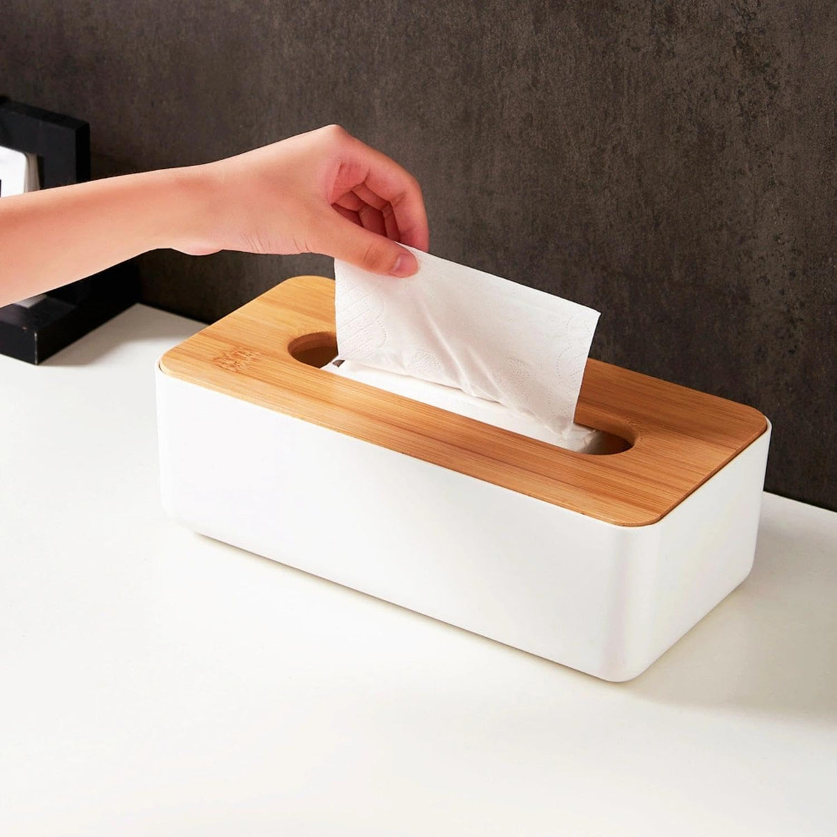 Tissue Box with Bamboo Cover, Plastic Tissue Organizer, Bathroom Tissue Dispenser for Home, Bedroom, Office, Living Room, 8.1 × 4.5 × 3.1 in (White)