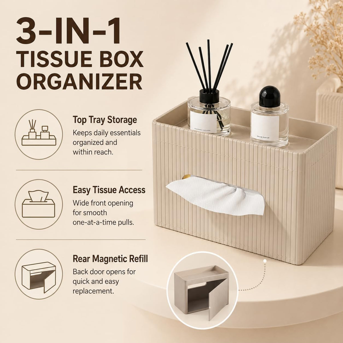 KINGFOM Ribbed PU Leather Tissue Box Cover with Storage Tray, Rectangular Facial Tissue Holder for Bathroom Vanity, Nightstand & Office Desk, Modern Decorative Tissue Dispenser (Warm Beige)