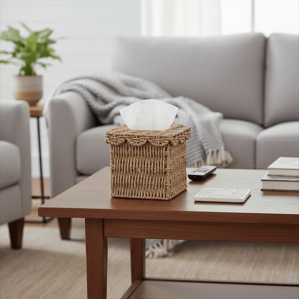 CubesLand Square Wicker Tissue Box Cover W/Scalloped Lid for Home Decor