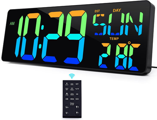 TXL16.5 Digital Wall Clock Large Display, LED Wall Clock RGB Color Changing, Count Up/Down Timer Clock with Remote Control, Adjustable Brightness Alarm Clock for Home, Office, Gym, Elderly, Auto DST