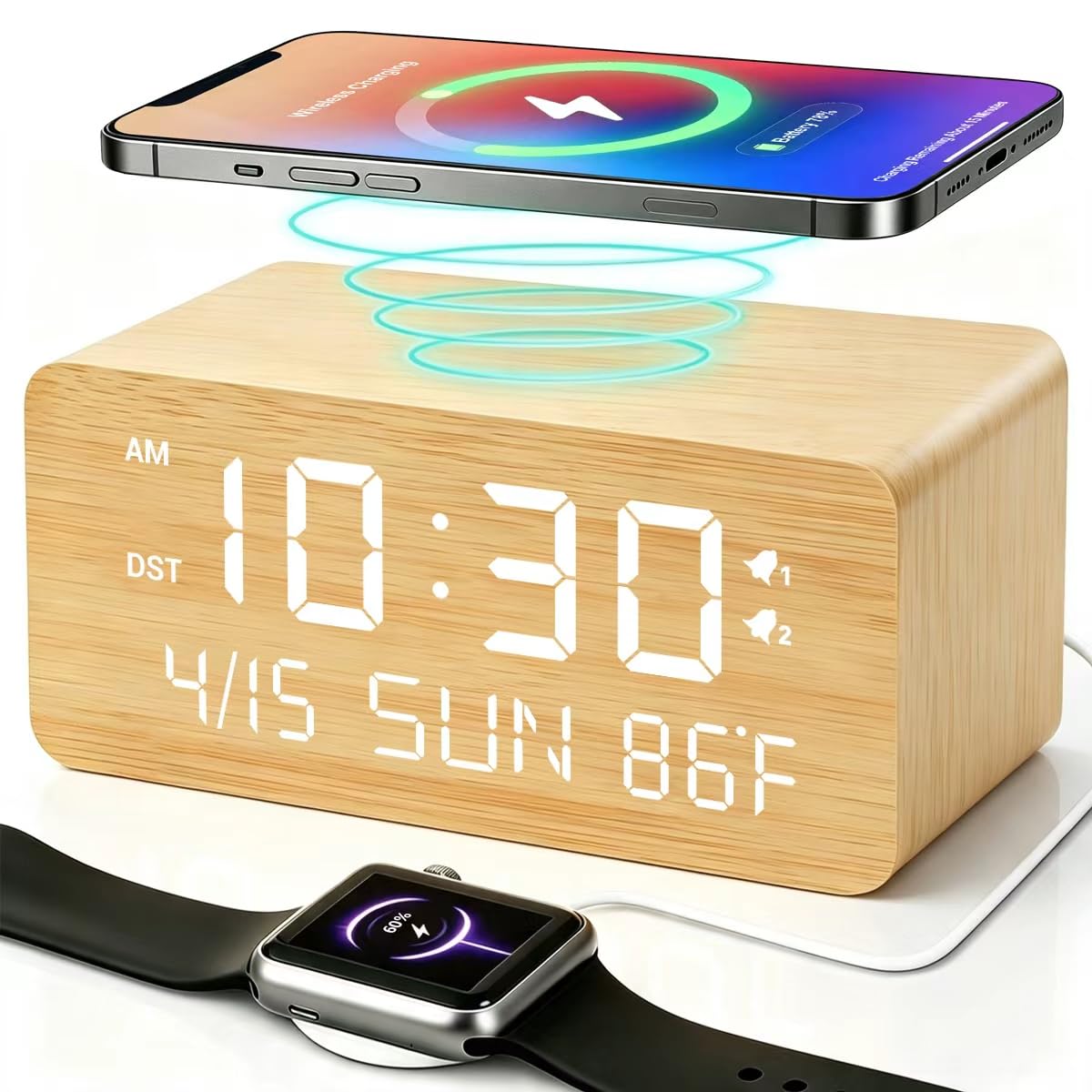 Premium Brown Wooden Digital Alarm Clock with Wireless Phone Charger, Dual USB Charging Ports, Dimmable LED Display, Date and Day of Week, Small Digital Desk Clock for Bedroom Nightstand Bedside Table
