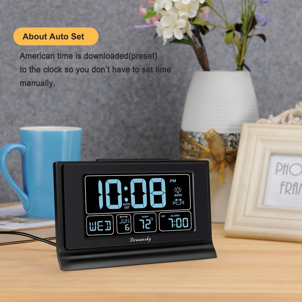 DreamSky Alarm Clocks for Bedrooms with Battery Backup, Auto Set
