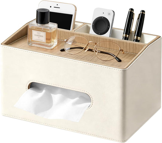 PU Leather Tissue Box Holder Rectangle,Facial Tissue Cover with Tray on Top