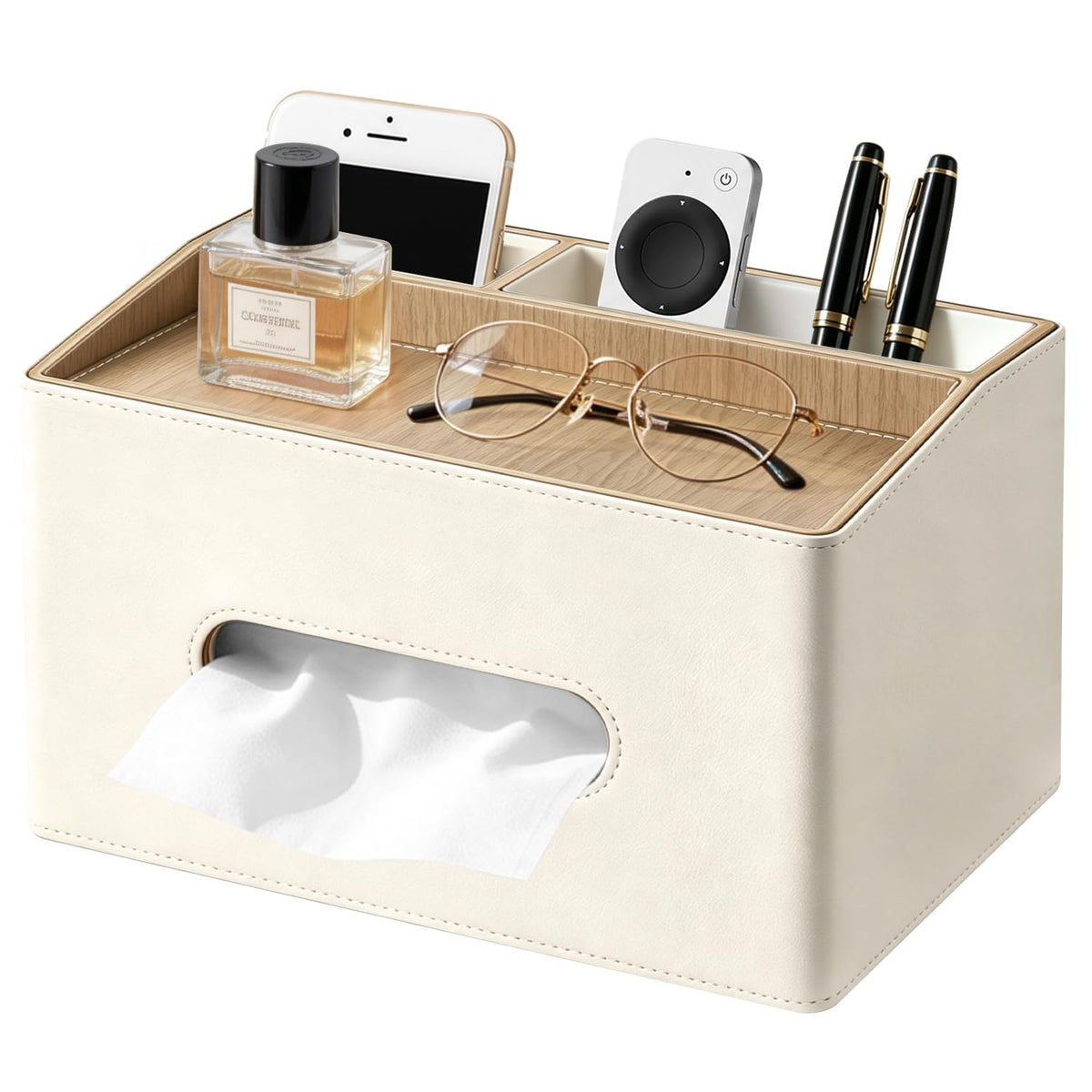 PU Leather Tissue Box Holder Rectangle,Facial Tissue Cover with Tray on Top