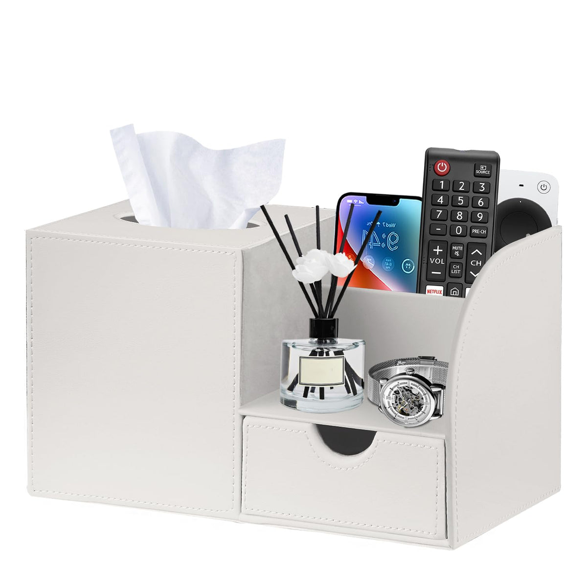 Nightstand Organizer with Tissue Holder,PU Leather Square Tissue Box Cover