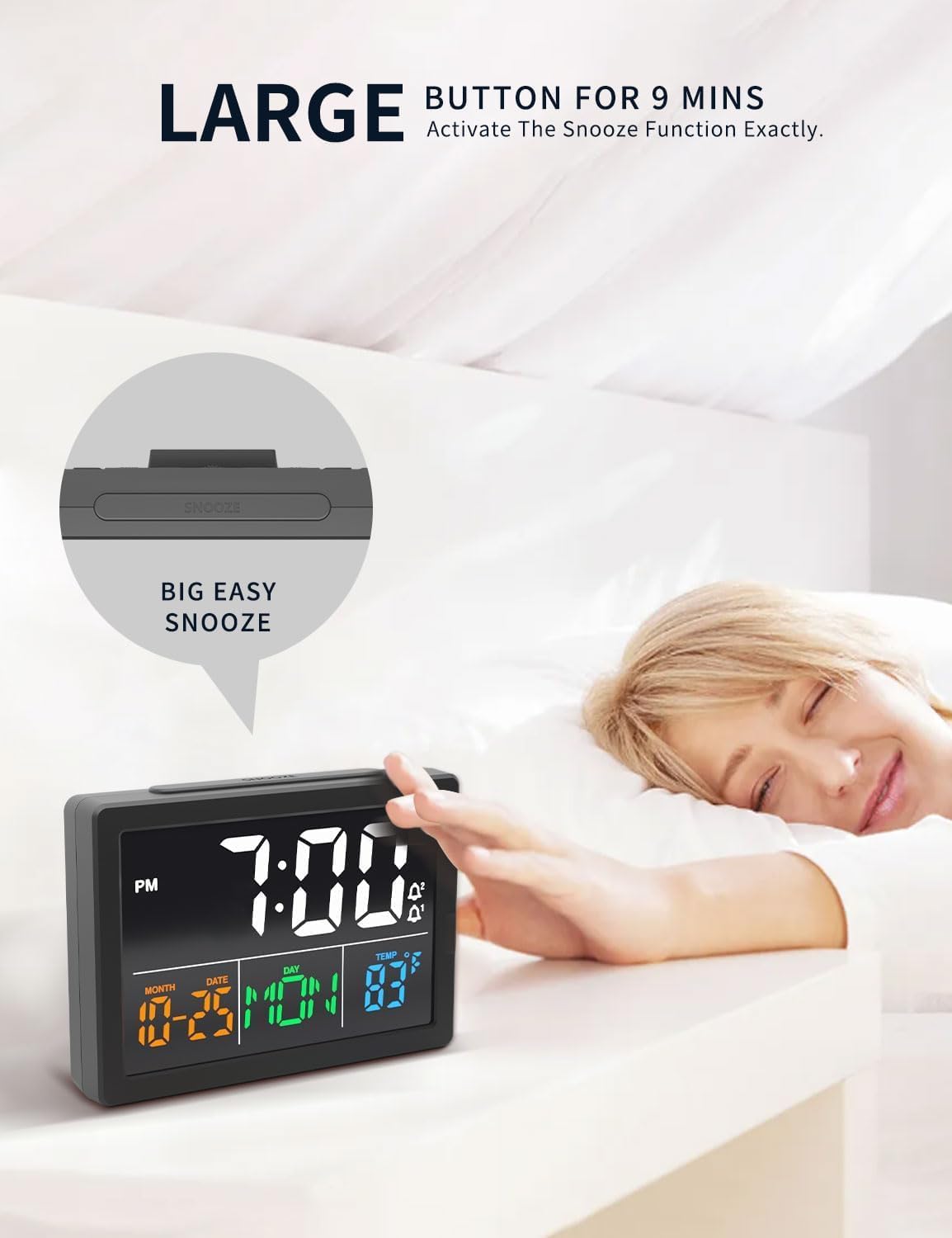 JALL Digital Clock with Date Day for Seniors, Electric Alarm Clocks for Bedrooms with Temperature, 2 Alarms, Dimmer, Dual USB Charger, Battery Backup, Volume Control, Snooze, Bedside Desk Clock, Black