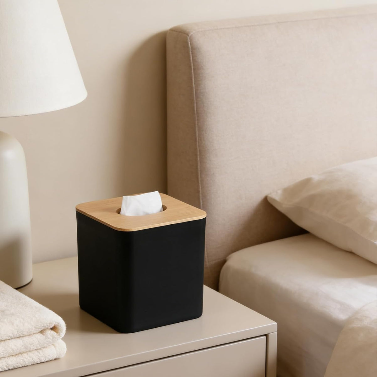 Tissue Box Cover Square, Modern Black Facial Tissue Holder with Bamboo Lid