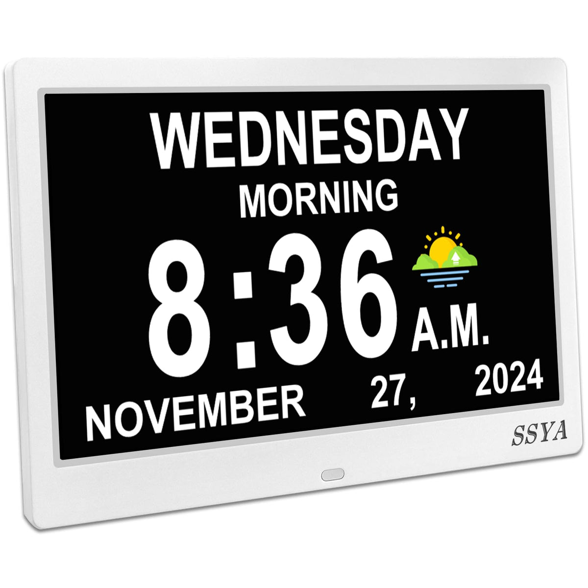 SSYA 7 Inch Calendar Clock - 12 Alarm Options, Level 5 Auto Dimmable Display,Extra Large Impaired Vision Digital Clock with Non-Abbreviated Day & Month (Black)