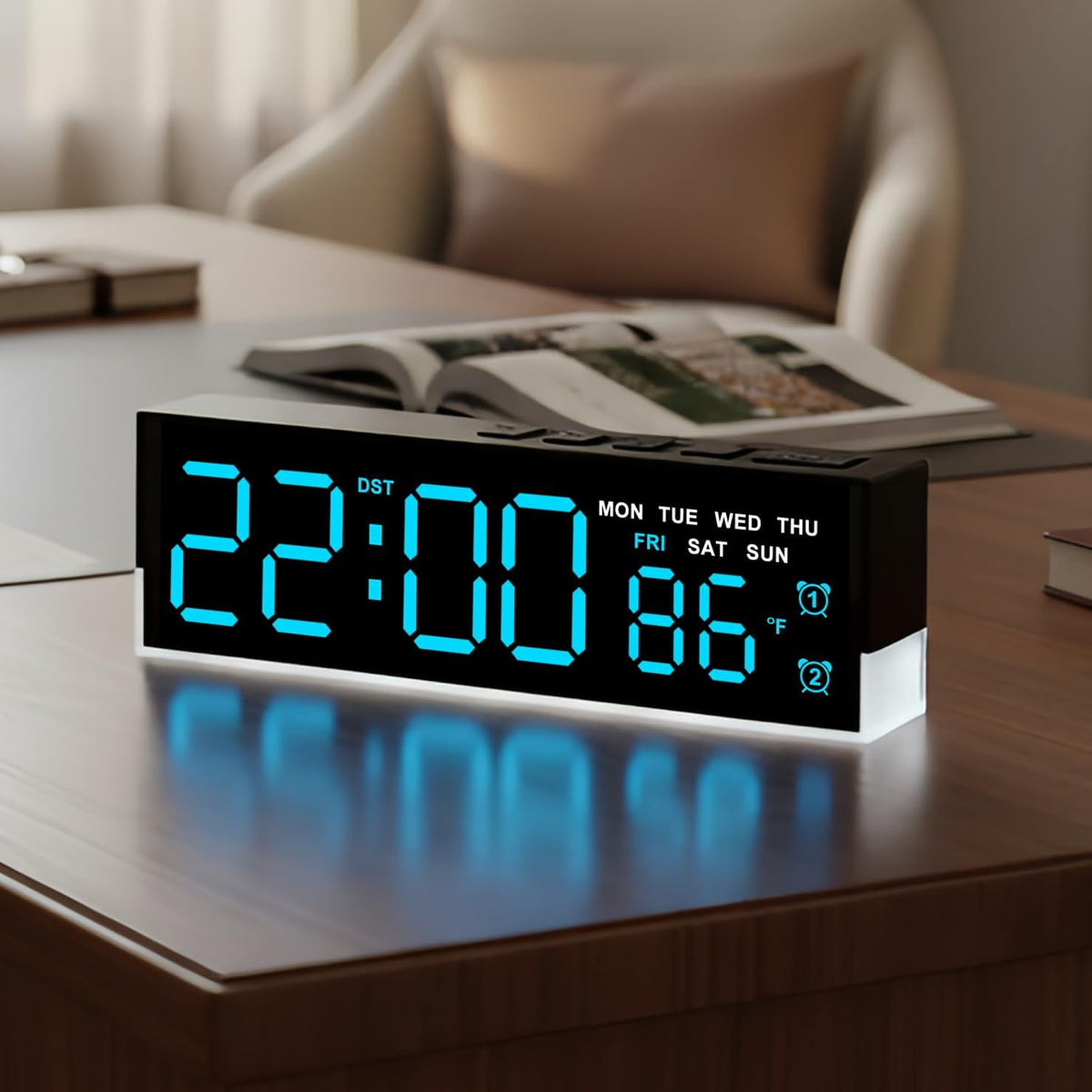 7 Inch LED Digital Alarm Clock with Dual Alarms&Soft Bottom Light,Blue