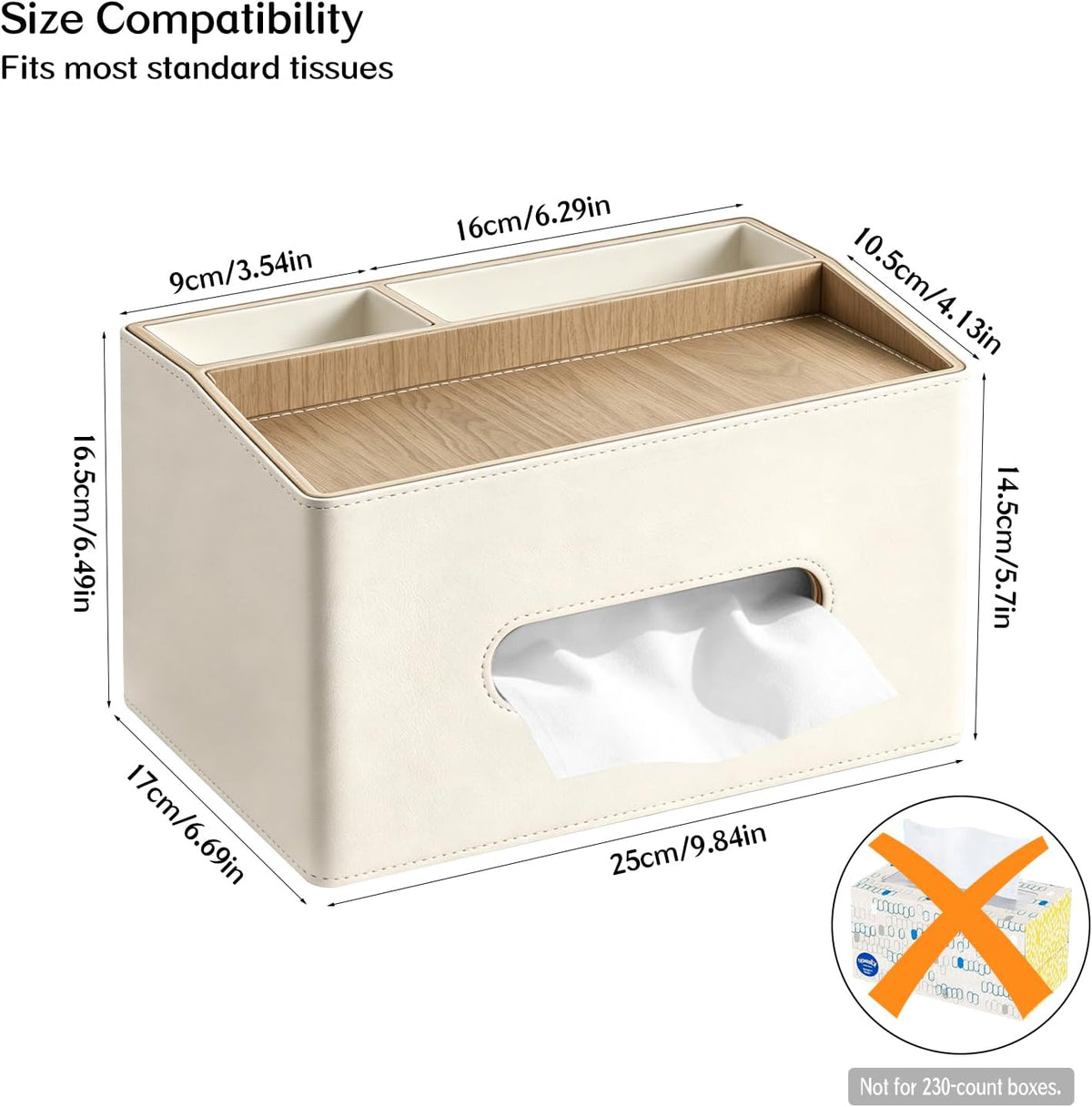 PU Leather Tissue Box Holder Rectangle,Facial Tissue Cover with Tray on Top