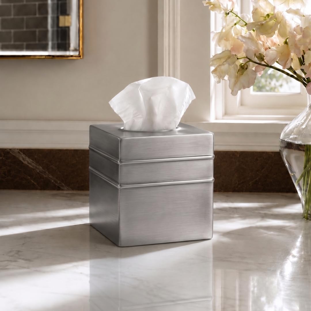 Monarch Abode Tissue Box Cover Square – Handcrafted Border Embossed Pewter Metal Tissue Holder Box for Bathroom Accessory, Aesthetic Decorative Facial Napkin Cube for Modern Home Decor