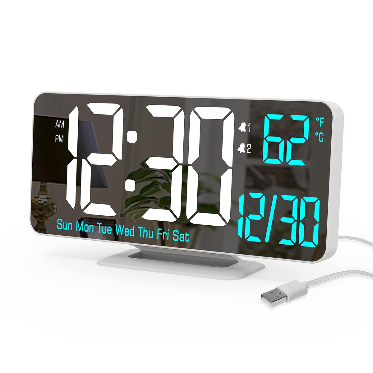 KOSUMOSU Alarm Clock for Bedroom, 6.7" Led Desk Digital Clock,Mirror Clock,Dual Alarm Clock for Living Room with Seconds,Date,Week,12/24h,Dimming,Temp