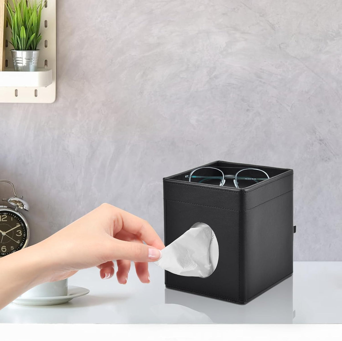 Tissue Box Cover Square Tissue Box Holder PU Leather Facial Tissues Organizer with Storage Tray for Bathroom Vanity Bedroom Office Car, Stylish Napkin Caddy Decorative Organizer (Black)