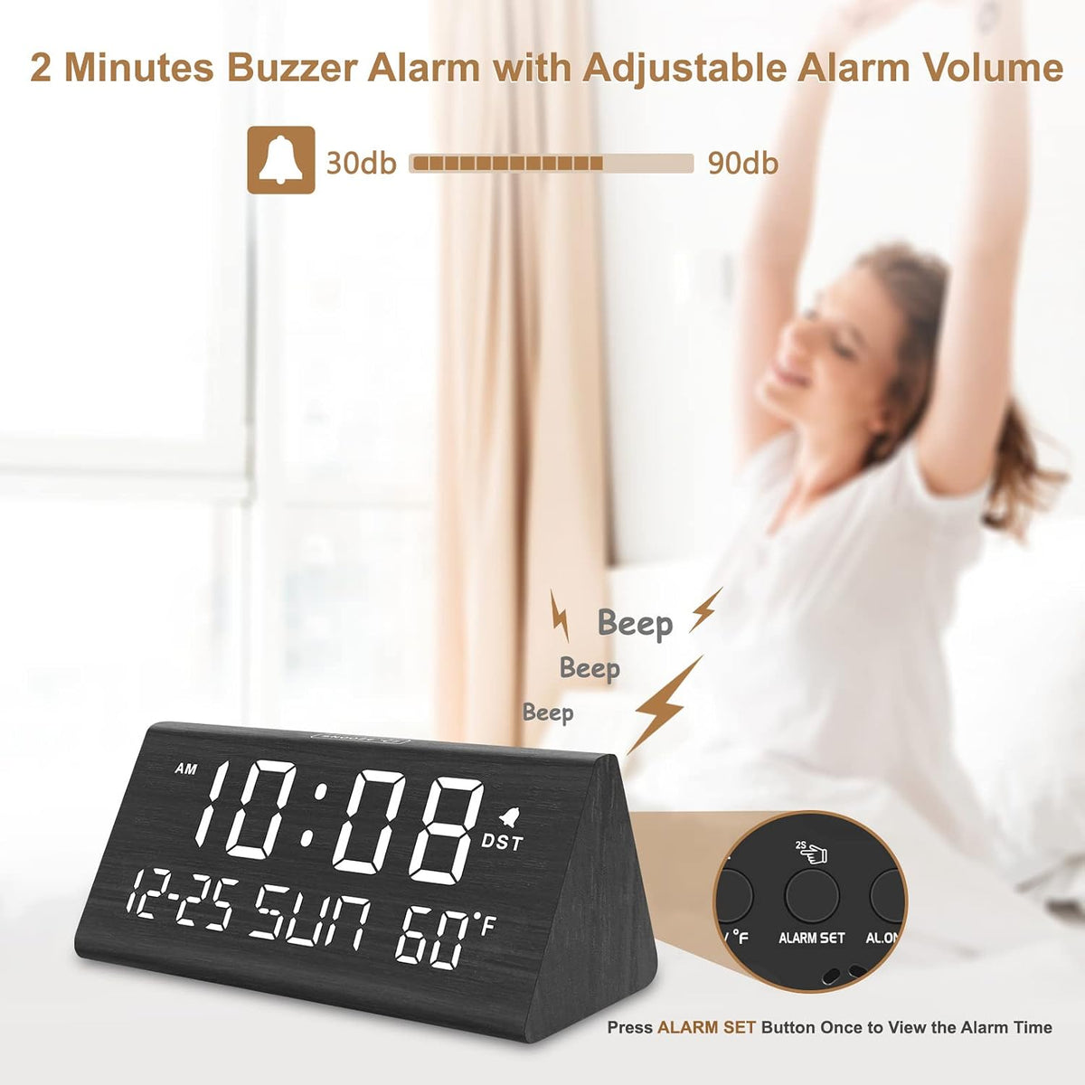 DreamSky Digital Alarm Clock for Bedrooms - Wooden Desk Clock with Date