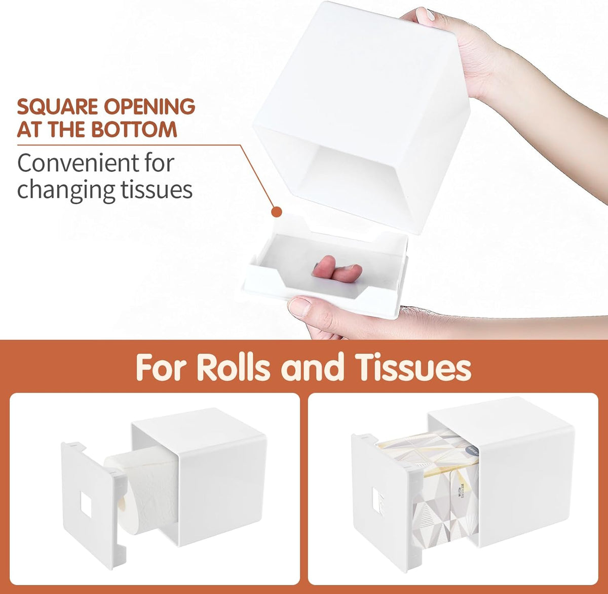 Y-in Hand Tissue Box Cover, Square Facial Tissue Holder with Bottom, White