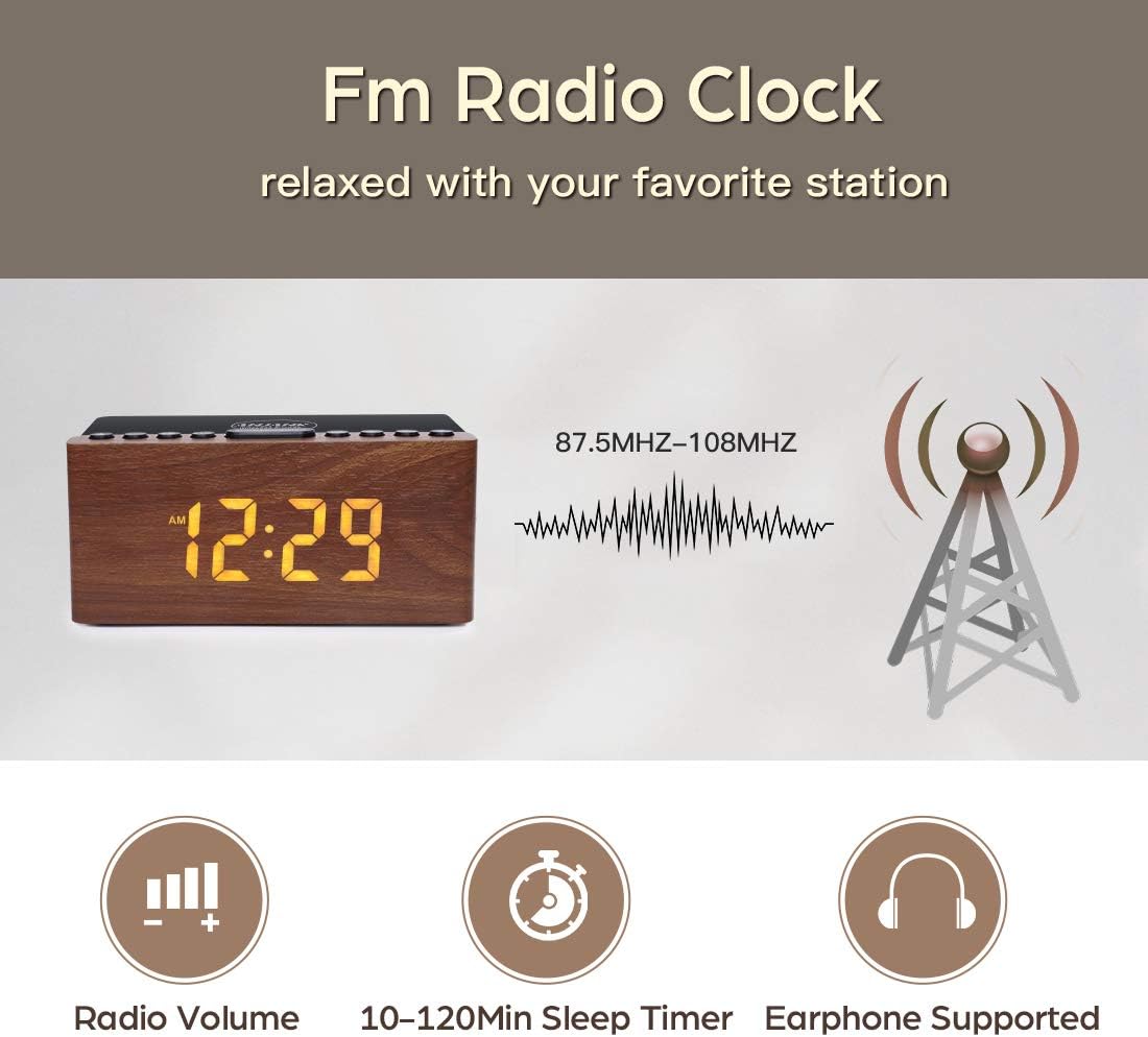 ANJANK Wooden Digital LED Alarm Clock FM Radio, Fast Wireless Charger Station for iPhone/Samsung Galaxy, 5 Level Dimmer, USB Charging Port, 9 Sounds, Sleep Timer for Bedroom, Bedside, Desk