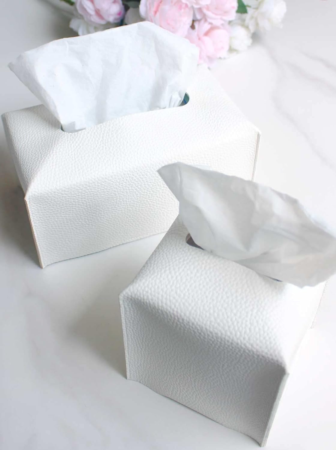 Extra Large Tissue Box Cover Rectangular – Plus Size Tissue Box Holder with Bottom Belt [JESMINI, White] Decorative Faux Leather Long Rectangle Tissue Holder for Bathroom/Home/Car/Office Decor