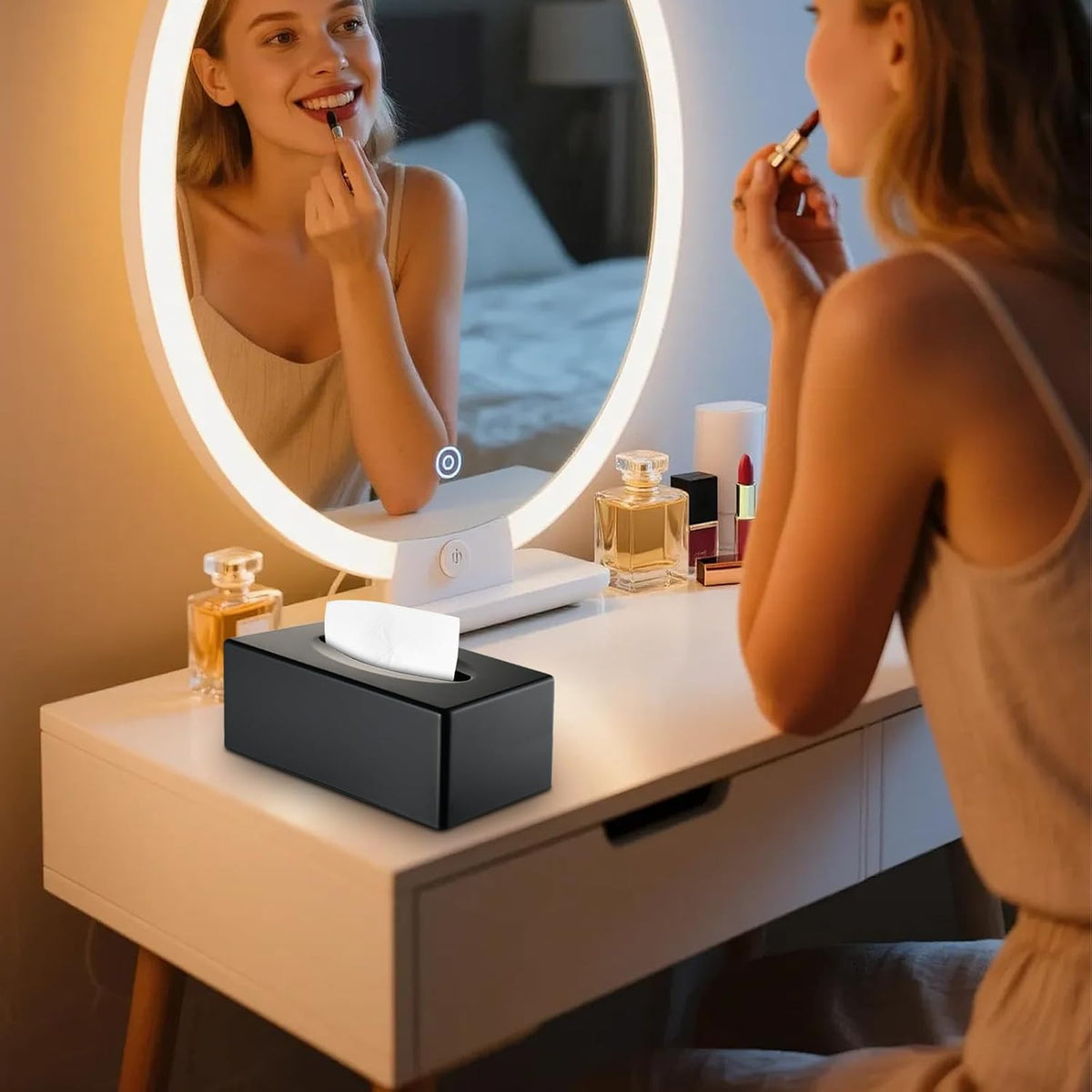 Y-in Hand Tissue Box Cover, Rectangle Facial Tissue Holder with Bottom, Decorative Storage Organizer Box for Bathroom Vanity, Countertops, Dressers, Night Stand, Parlors and Offices - Matte Black
