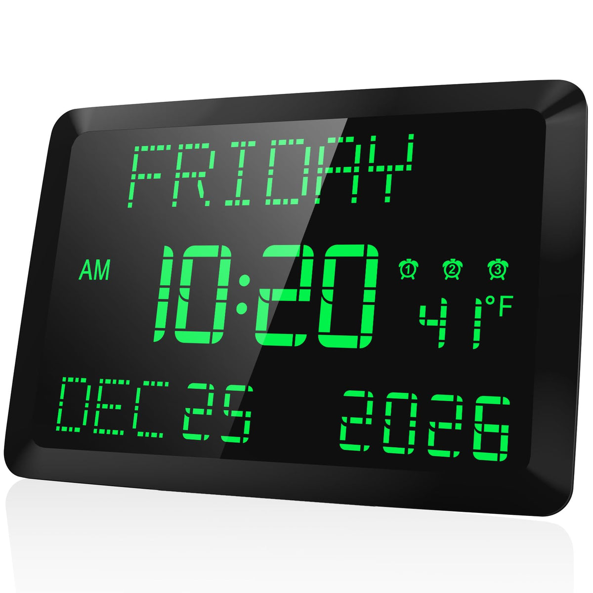 Raynic Digital Clock, 11.5" Large Display Calendar Clock with Day and Date, Indoor Temperature, Adjustable Brightness, Snooze,12/24H, DST for Home, Office, Elderly