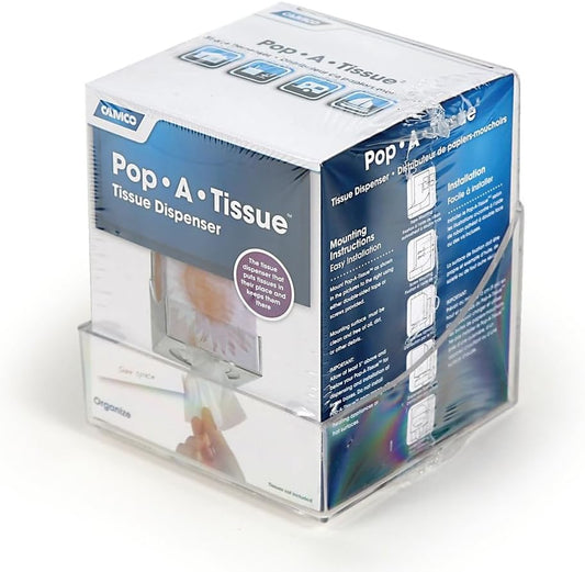 Camco Pop-A-Tissue- Tissue Box Holder- Mounts to Walls and Cabinets, Dispenses Tissue and Holds Tissue Boxes Upward or Downward- Perfect for RVs and Trailers, Easy Install - Clear (57101)