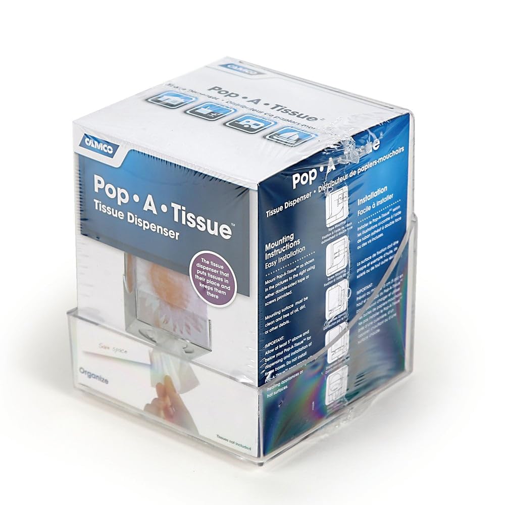 Camco Pop-A-Tissue- Tissue Box Holder- Mounts to Walls and Cabinets, Dispenses Tissue and Holds Tissue Boxes Upward or Downward- Perfect for RVs and Trailers, Easy Install - Clear (57101)