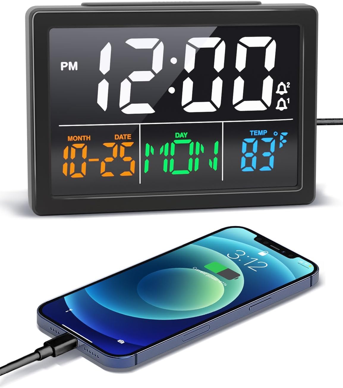 JALL Digital Clock with Date Day for Seniors, Electric Alarm Clocks for Bedrooms with Temperature, 2 Alarms, Dimmer, Dual USB Charger, Battery Backup, Volume Control, Snooze, Bedside Desk Clock, Black