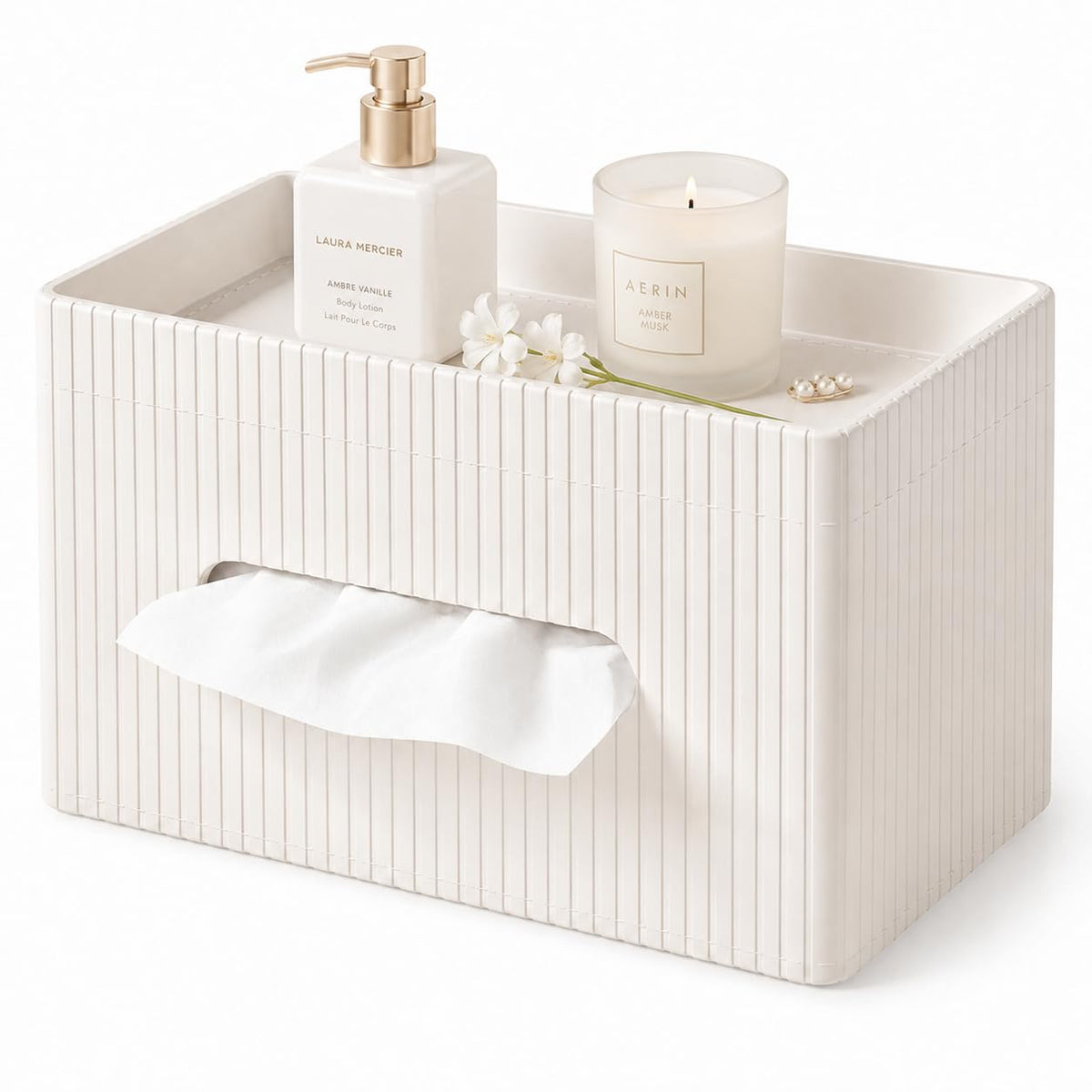 KINGFOM Ribbed PU Leather Tissue Box Cover with Storage Tray, Rectangular Facial Tissue Holder for Bathroom Vanity, Nightstand & Office Desk, Modern Decorative Tissue Dispenser (Warm Beige)