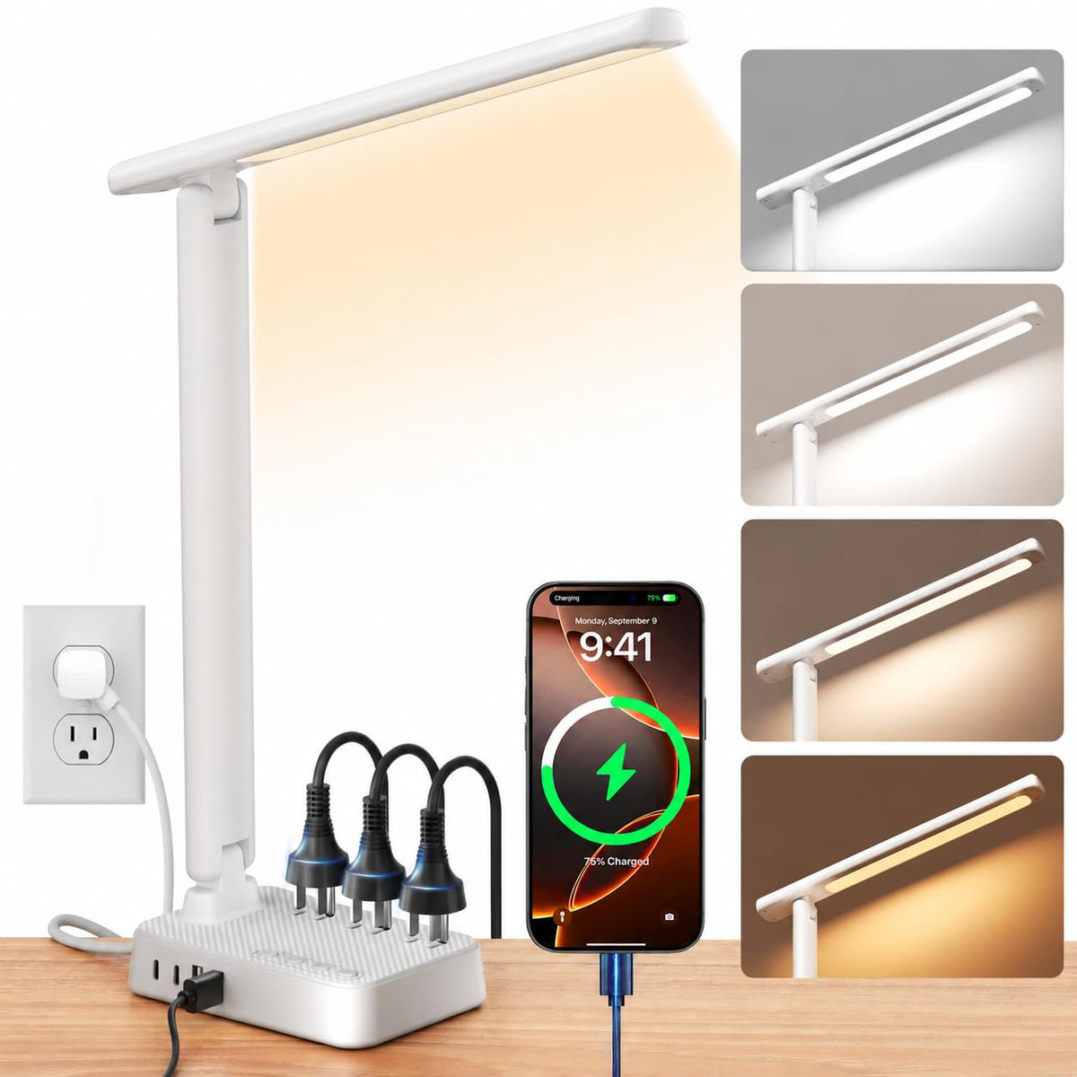 LED Desk Lamp with Power Strip, 3 AC Outlets, 4 USB Ports, Stepless Dimming
