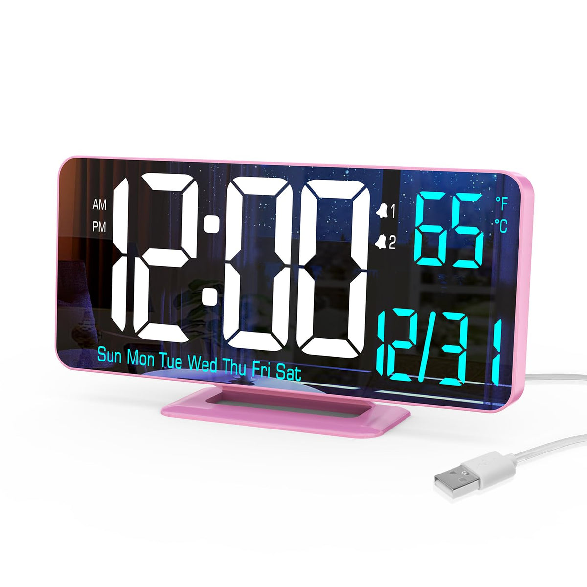 KOSUMOSU Alarm Clock for Bedroom, 6.7" Led Desk Digital Clock,Mirror Clock,Dual Alarm Clock for Living Room with Seconds,Date,Week,12/24h,Dimming,Temp
