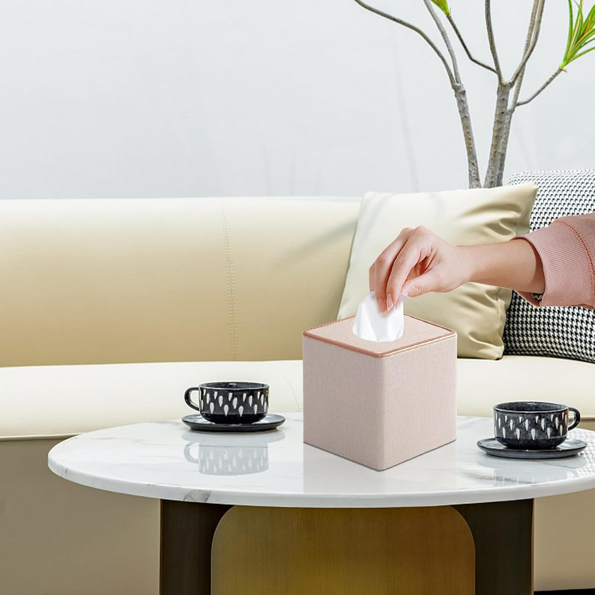 Linen Square Tissue Box Cover,Cube Tissue Box Holder－Excellent Rosegold Leather Decoration,Table Napkin Case Dispenser,Facial Tissues Organizer with Magnetic Bottom for Home Office Car(Beige)