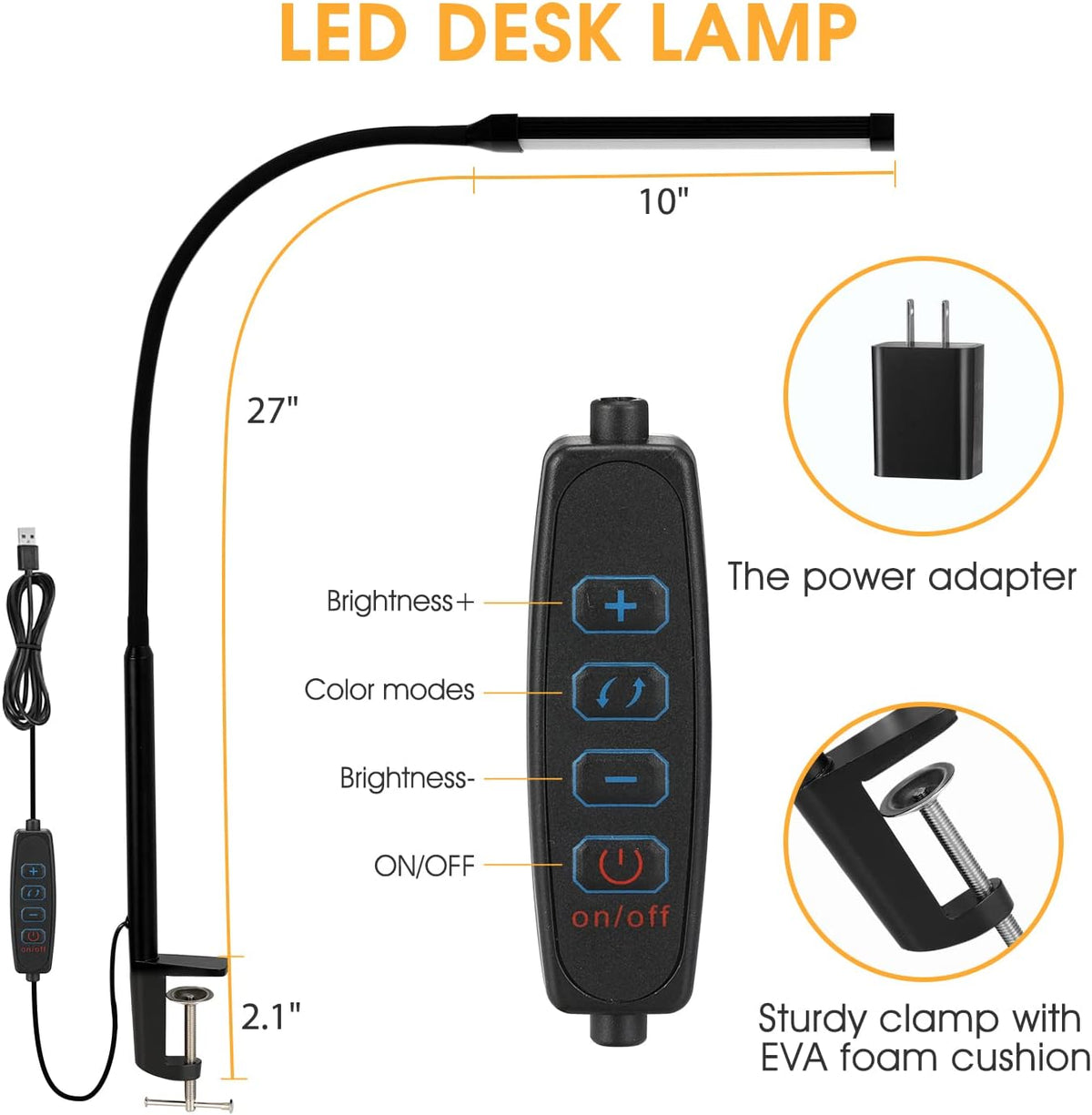 Voncerus LED Desk Lamp with Clamp, Clip on Lights for Home Office, Black