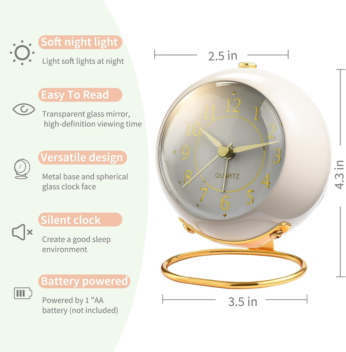 Tetino Analog Alarm Clocks,Retro Backlight Cute Simple Design Small Desk Clock with Night Light,Silent Non-Ticking,Battery Powered,for Decor,Bedrooms,Travel,Kitchen,Bedside Desktop.(White)