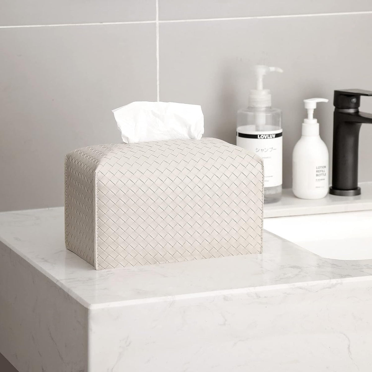 Tissue Box Cover PU Leather Tissue Holder Square Facial Tissue Case Facial Paper Organizer Dispenser for Bathroom, Vanity Countertop, Tabletop, Car, Rectangle, Griege