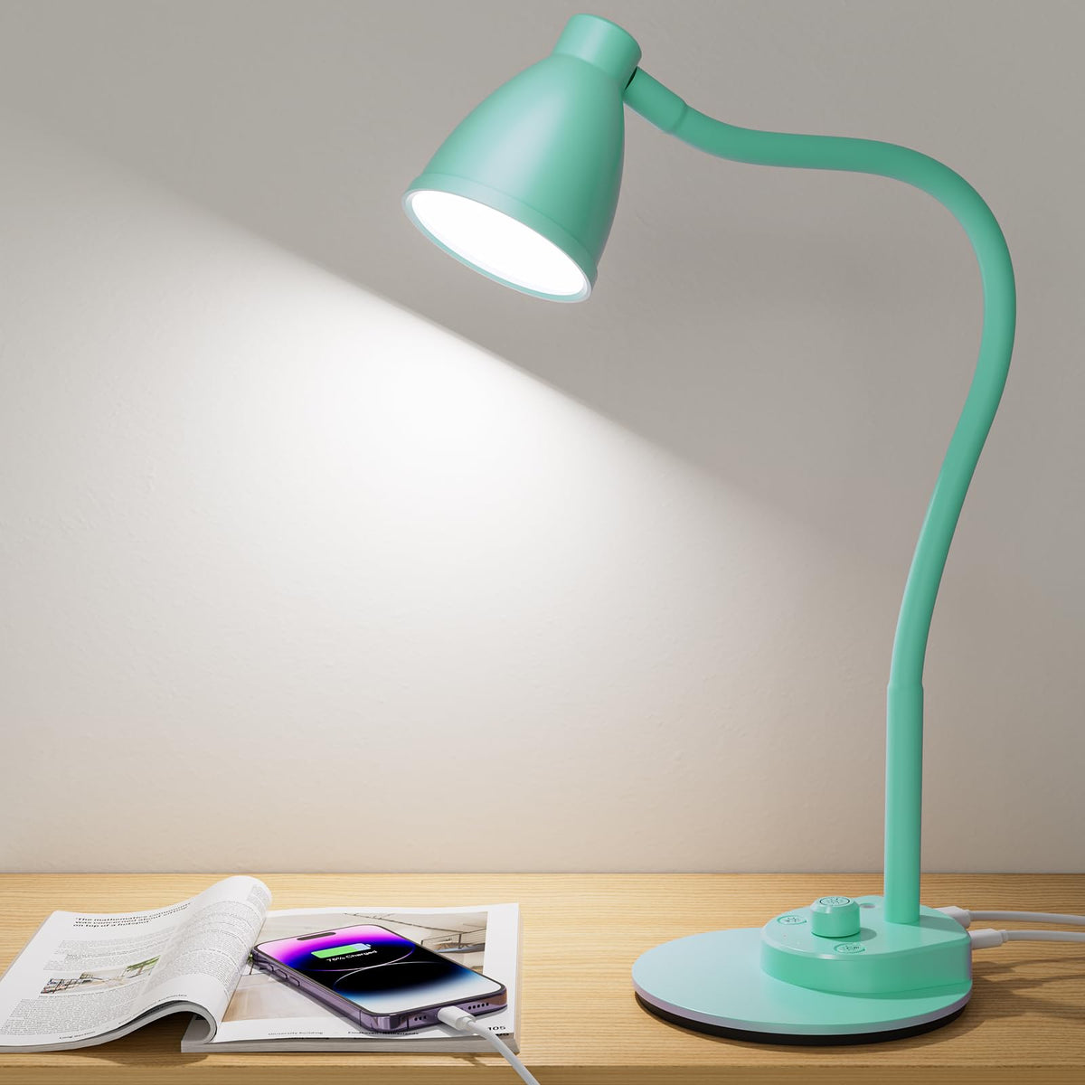 BOHON LED Desk Lamp with USB Charging Port, 3 Color Modes Dimmable, White