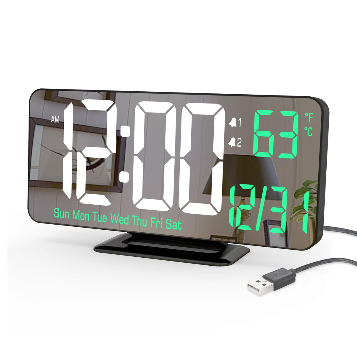 KOSUMOSU Alarm Clock for Bedroom, 6.7" Led Desk Digital Clock,Mirror Clock,Dual Alarm Clock for Living Room with Seconds,Date,Week,12/24h,Dimming,Temp